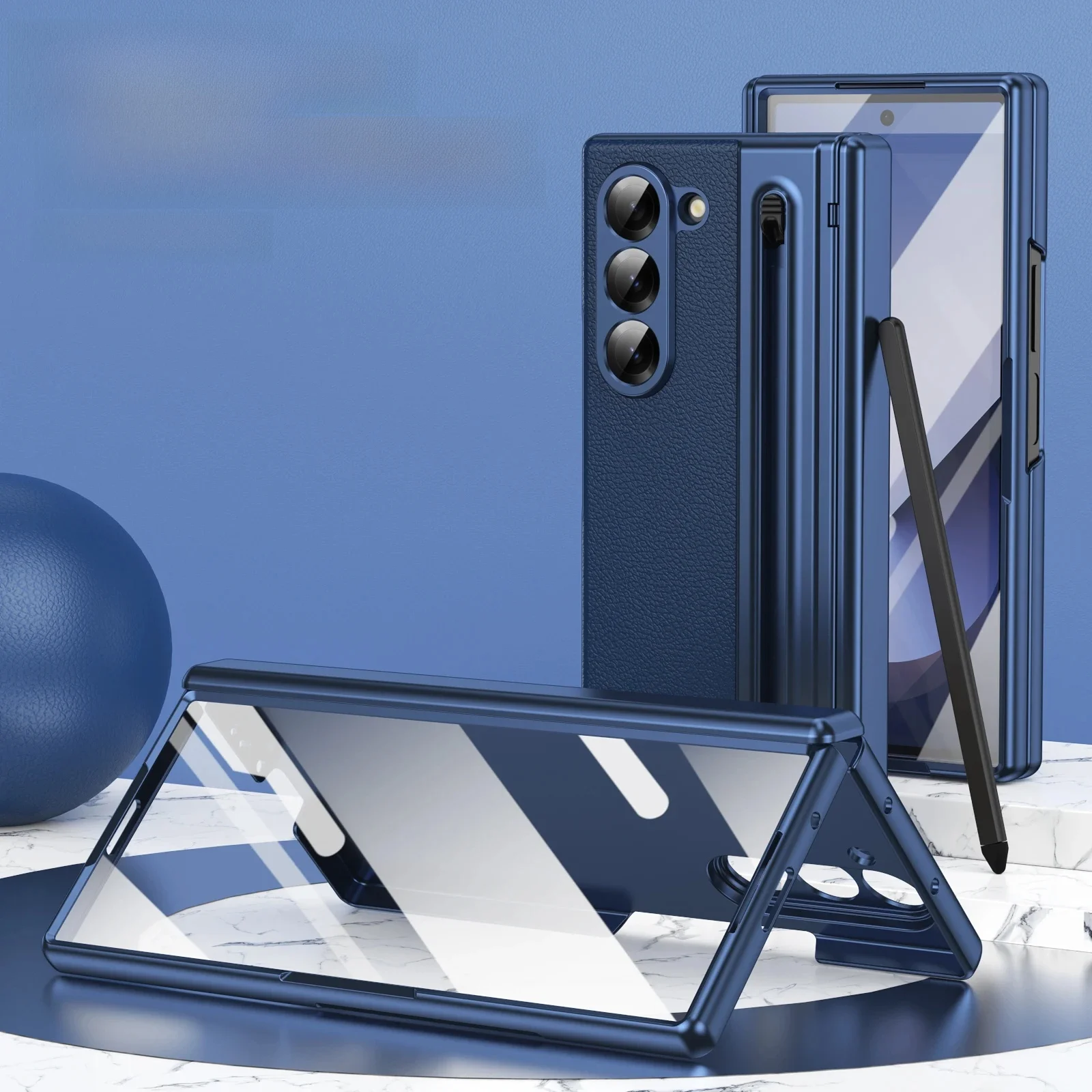 VIETAO voor Samsung Galaxy Z Fold 7 lederen telefoonhoes met scharnierbescherming, Z Fold 6 hoesje met voorschermfilmbeschermer + pen - afbeelding 2