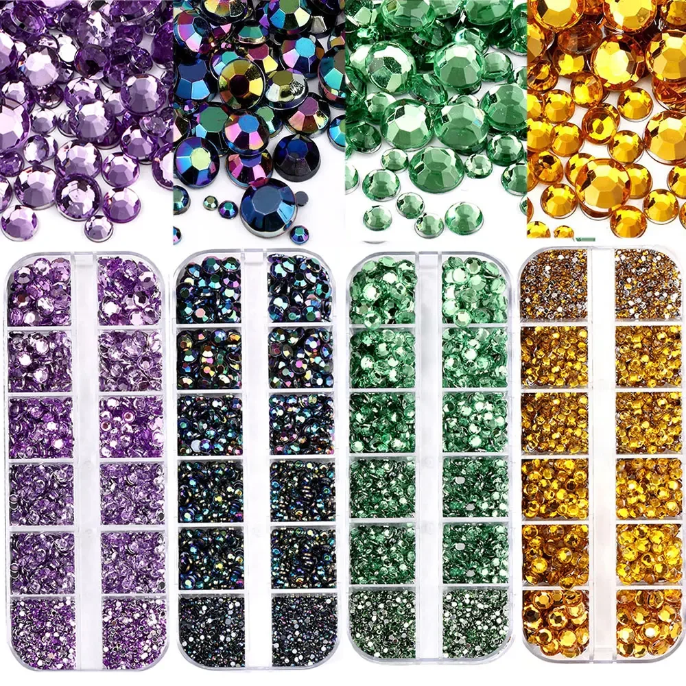 12 grilles (SS6-SS30) ensemble de strass pour ongles de luxe mixtes AB or noir cristal perles de verre rondes pierres précieuses 2mm-6mm breloques en diamant pour ongles