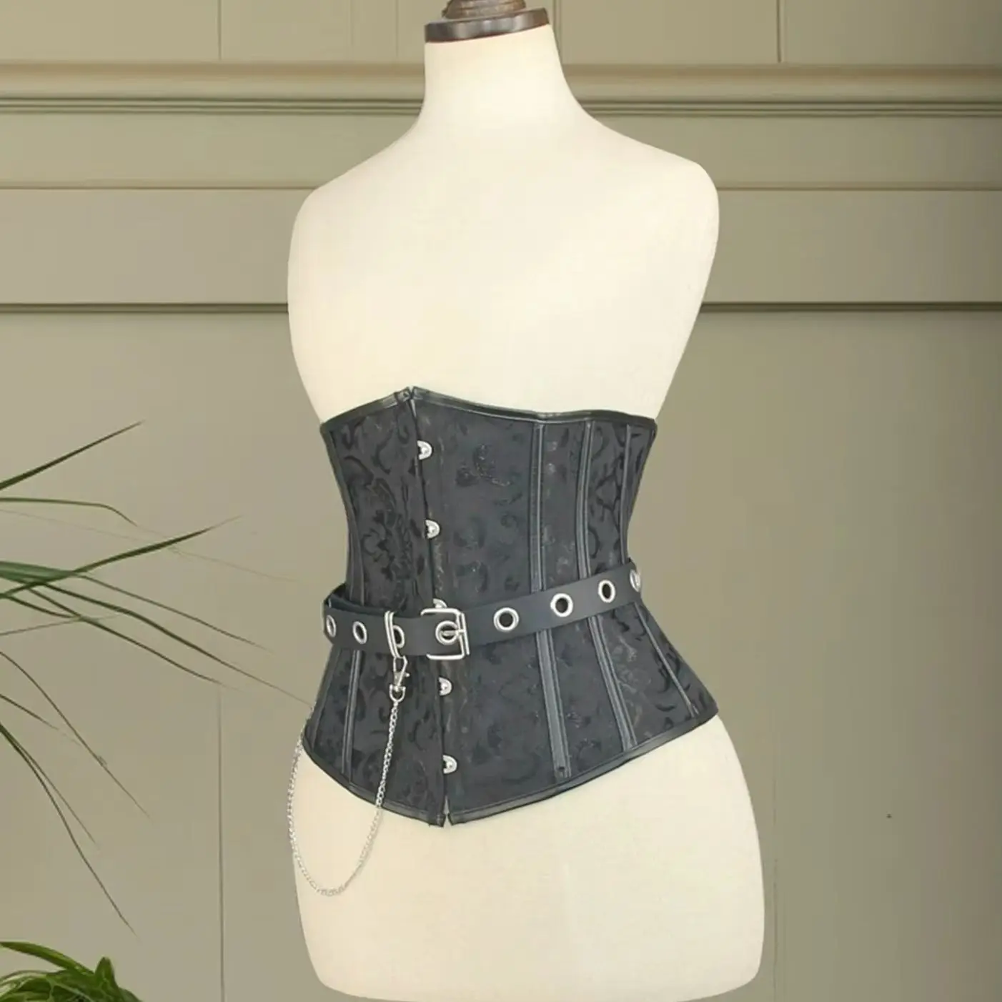 CLOUDY.LEE Women Black Jacquard Underbust Corset Waist Trainer with Punk Grommet Chain Belt 2PCS Gothic Steampunk Vintage Costum