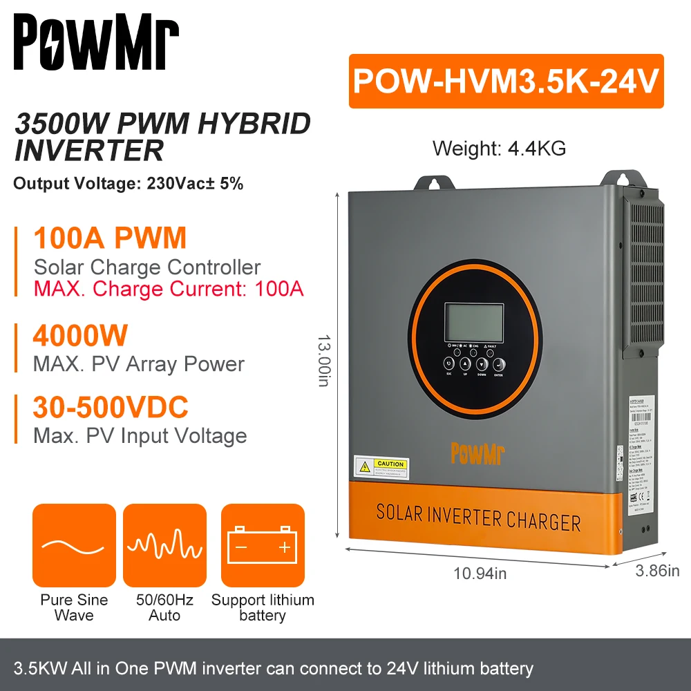 PowMr Hybrid Solar Inverters 3.5KW 24V Photovoltaic Device Hybrid Inverters 230VAC Max PV 500V Build in 100A MPPT Solar Charger