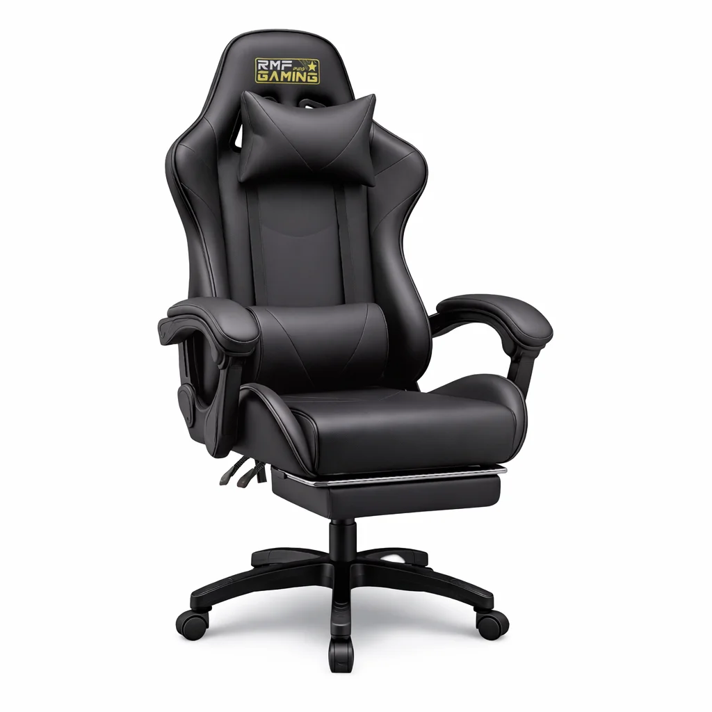 Silla Gaming Profesional Ergonómica Reclinable RMF, Silla Gaming Cómoda y Relajante con Reposapiés, Silla para Gamers con Ruedas Giratorias, Altura Ajustable, Negra