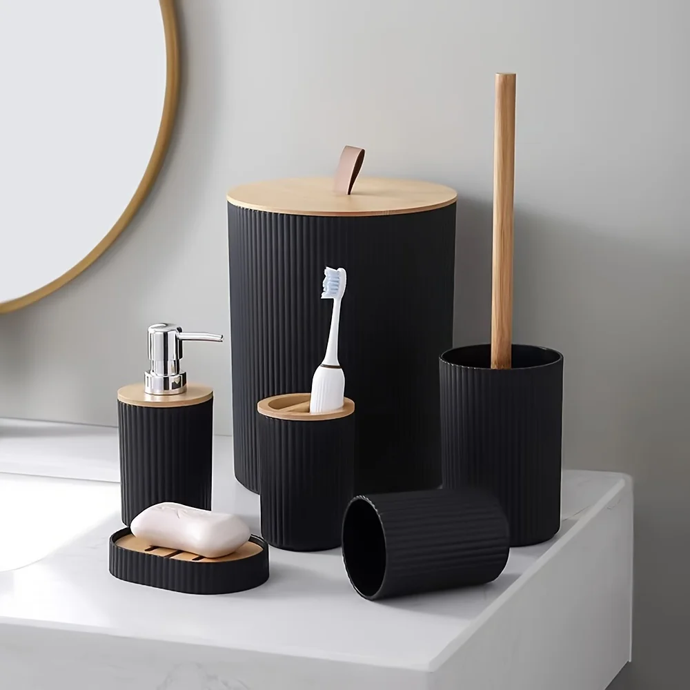 6 Pcs Bathroom Accessory Set With Trash Can Toothbrush Holder Lotion Soap Dispenser Soap Dish Toilet Brush Bathroom Tools