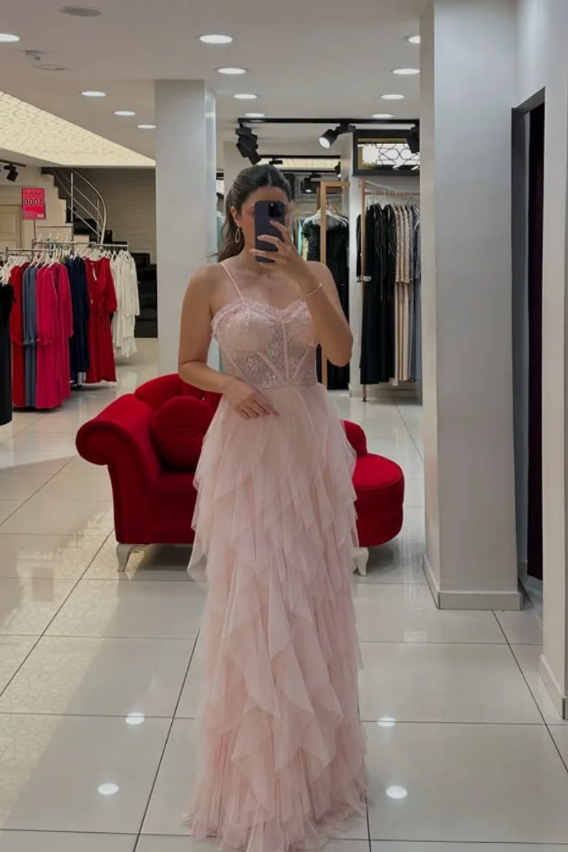 Jessica Spaghetti Straps Sequins Evening Dresses Pink Tulle Multi-layer Prom Dresses Princess Lady Vestidos De Gala Customized