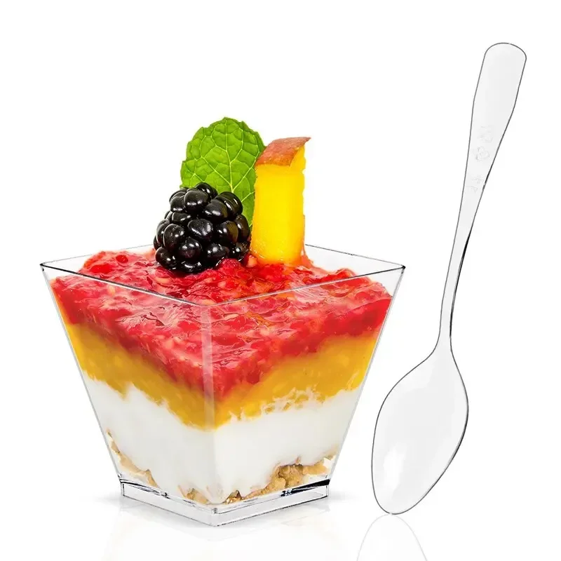 Mini Copos De Sobremesa Quadrados Com Colheres, Plástico Transparente, Parfait Aperitivo Cup, Para