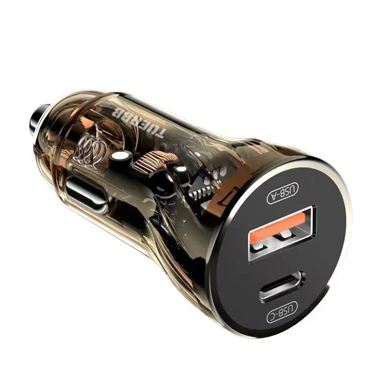 12V-24V Dual-USB Transparentes Autoladegerät 30W PD + QC4.0 Superschnelles Laden für Apple Huawei Xiaomi Oppo Vivo
