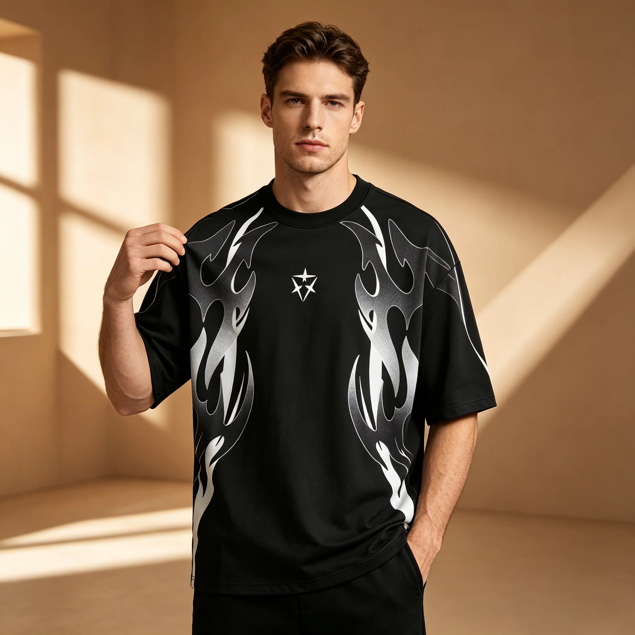 Men Black White Gradient Flame Star Print T Shirt O Neck Loose Short Sleeve Streetwear Casual Graphic Tee