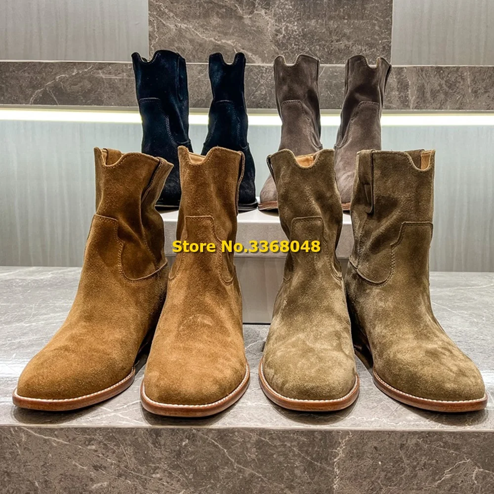 Western Cowboy Boots Suede Ankle 2024 Newest Women Autumn Winter Booties Chunky Heel Height Increase Solid Slip On Boots