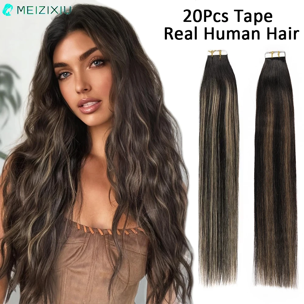 24 Inch Tape in Hair Extensions Real Hair Straight 20pcs 50g/pack Seamless Skin Tape in Human Hair Extensions for Women Add Hair