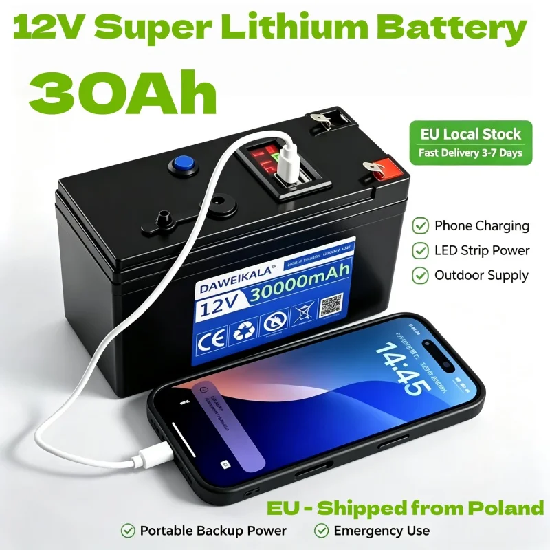 Akumulator litowo-jonowy 12V USB 30000mAh, magazyn UE Polska, przenośny power bank z listwą LED, do użytku na kempingu, zasilanie awaryjne, zasilanie do zabawek elektrycznych i zapasowe zasilanie do