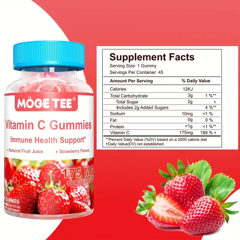 MOGE TEE Vitamin C Gummy Bears-Иммунная поддержка, клубничный аромат, 45 штук