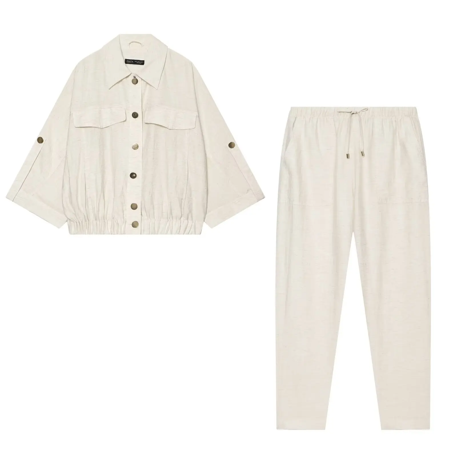 Women Two Piece Set Beige Cotton Linen Long Sleeve Shirt Jacket Top High Waist Drawstring Long Pants Suit Casual Spring Outfits