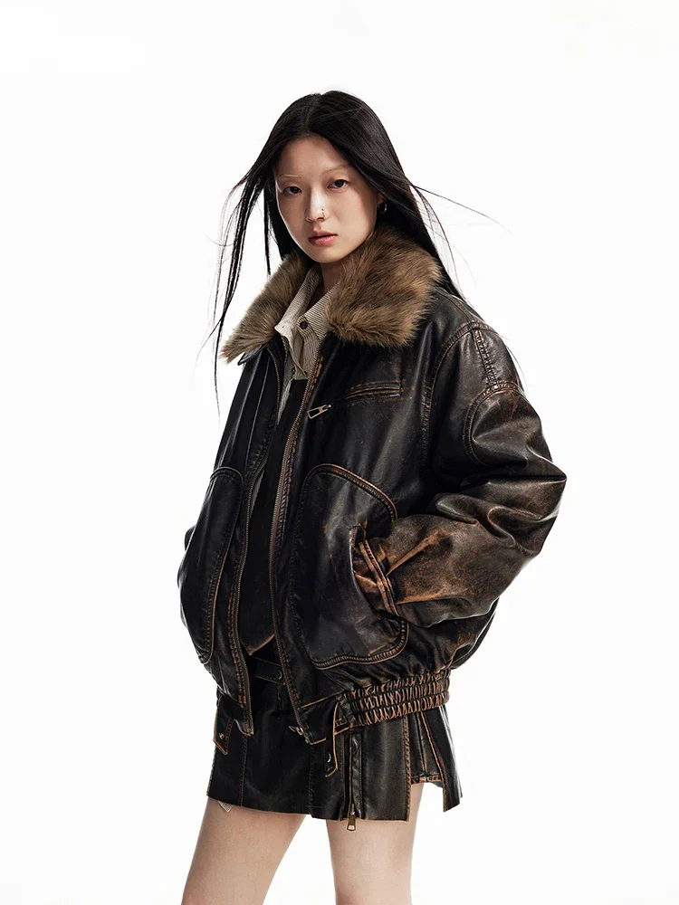 Lautaro Wiosna Jesień Cool Handsome Vintage Distressed Brown Pu Leather Jacket Women Faux Fur Collar Luxury Designer Clothing — zdjęcie 2