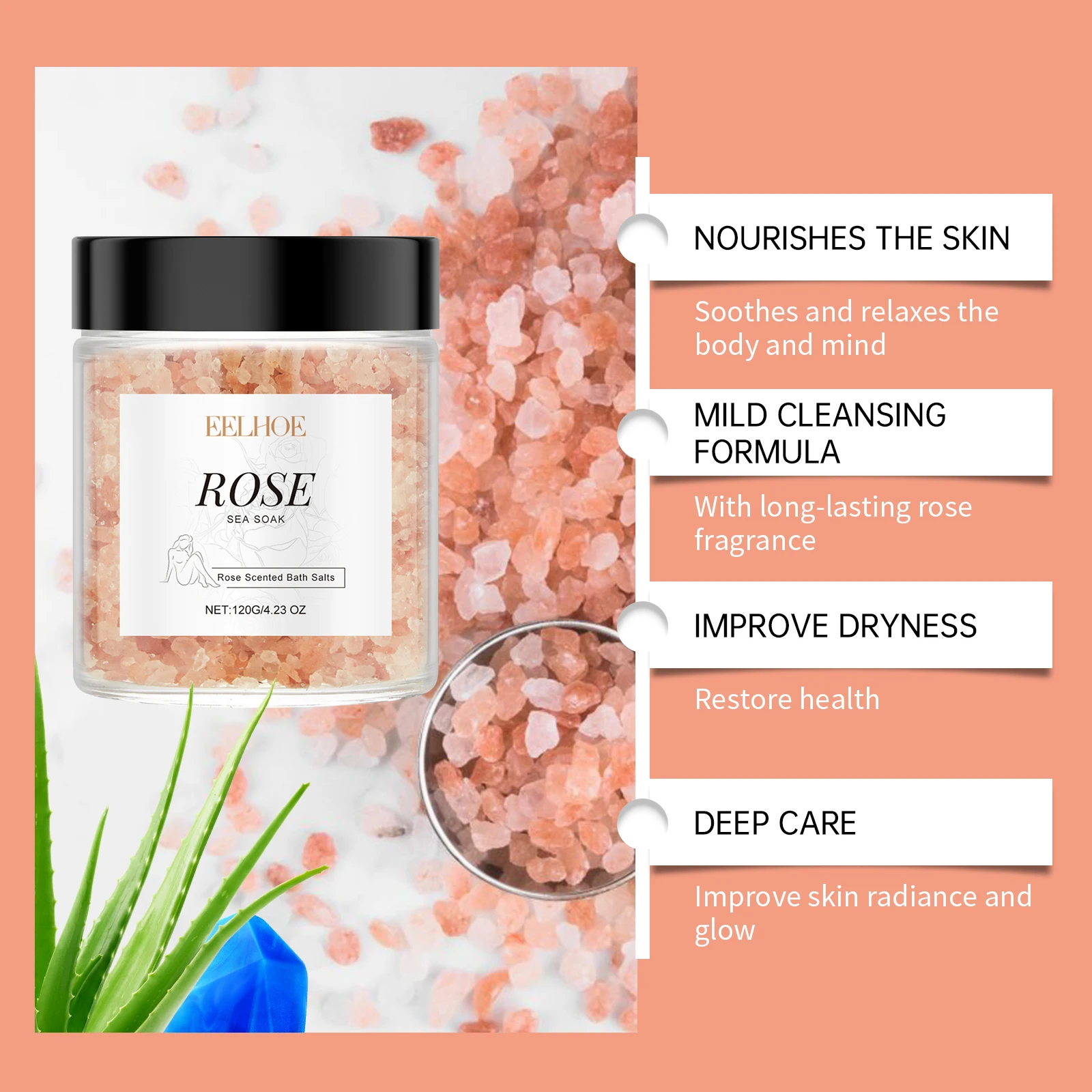Rose Bath Salts ทําความสะอาดรูขุมขน Exfoliating กลิ่นหอมติดทนนานอาบน้ําผ่อนคลายความเครียดบรรเทา Aromatherapy Body Skin Care