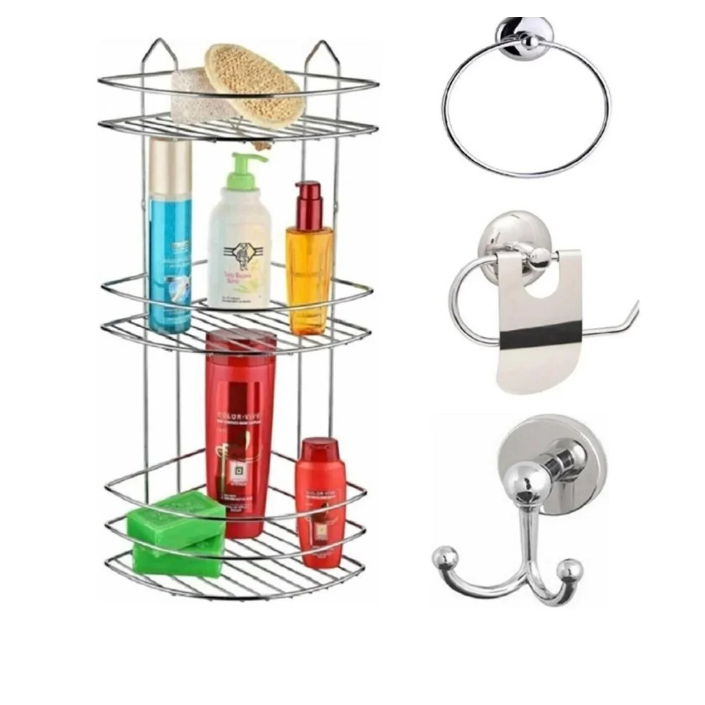 Bathroom Accessory Set 4 Chrome , Stainless Corner Shower Shelf Shampoo Holder Chrome Smart Storage Home Accessories Gadgets Gi