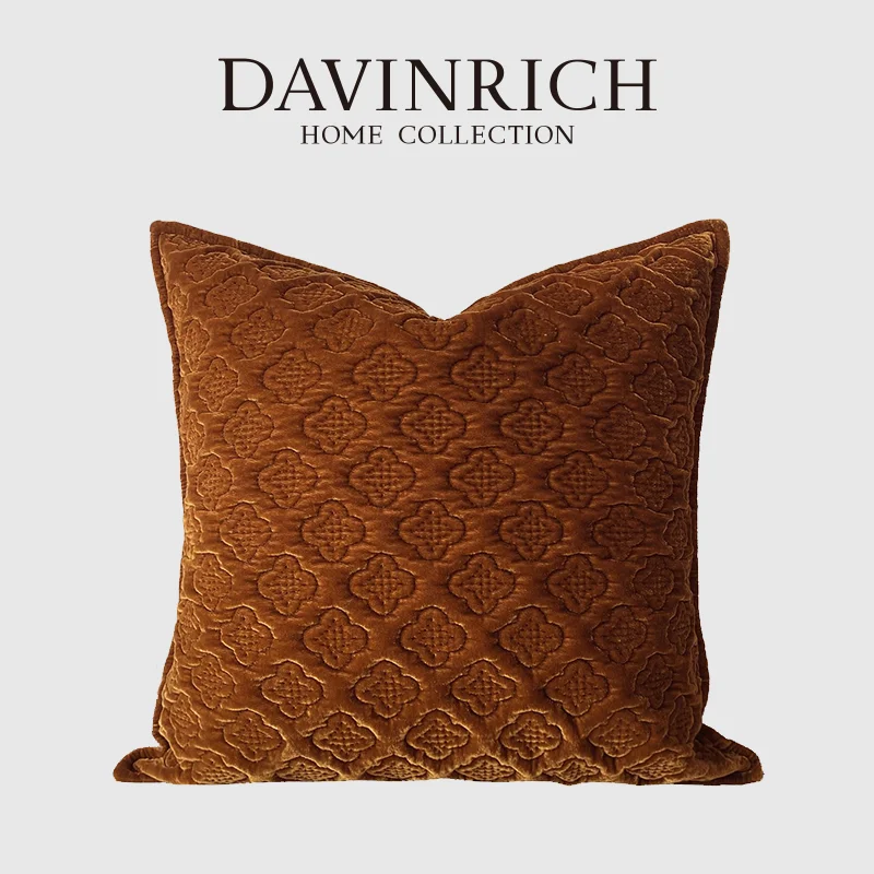 DAVINRICH Luxury Monogram Floral Embossed Pillow Case Boho Textured Rust Cushion Cover Cozy Velvet Euro Sham For Couch Sofa Bed