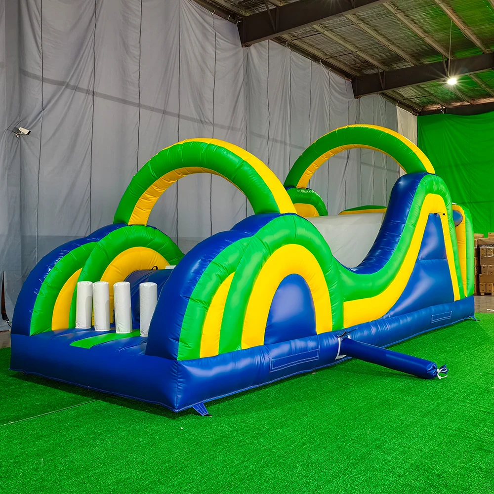 30ft/9m Green /Blue Giant Inflatable Radical Run Obstacle Course with Blower Commercial Grade Interactive Bounce House For Kids