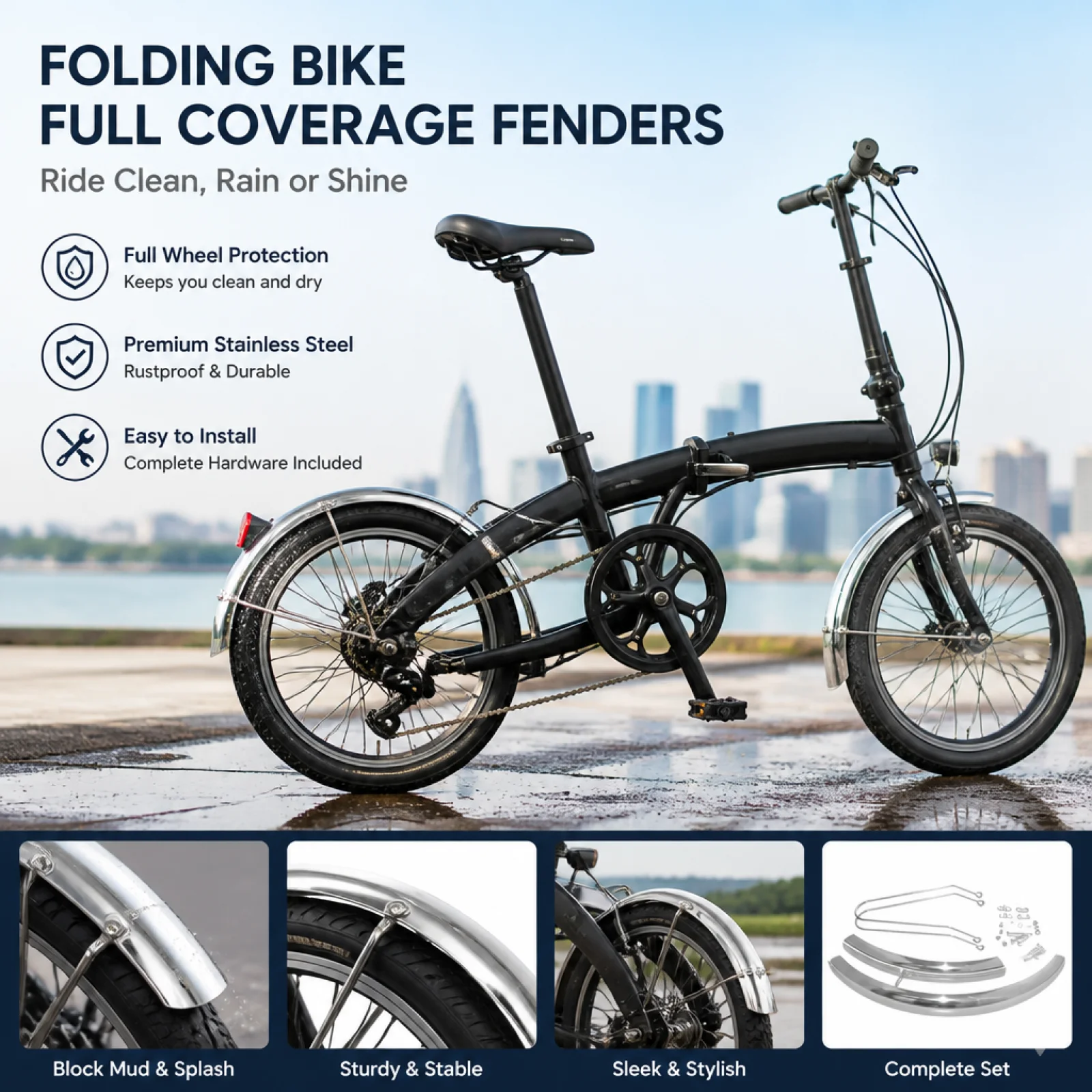 20 Inch Folding Bike Fenders Polished Finish Stainless Steel Bike Mudguards Full Coverage Cycle Fenders for Wet Roads Rainy Day