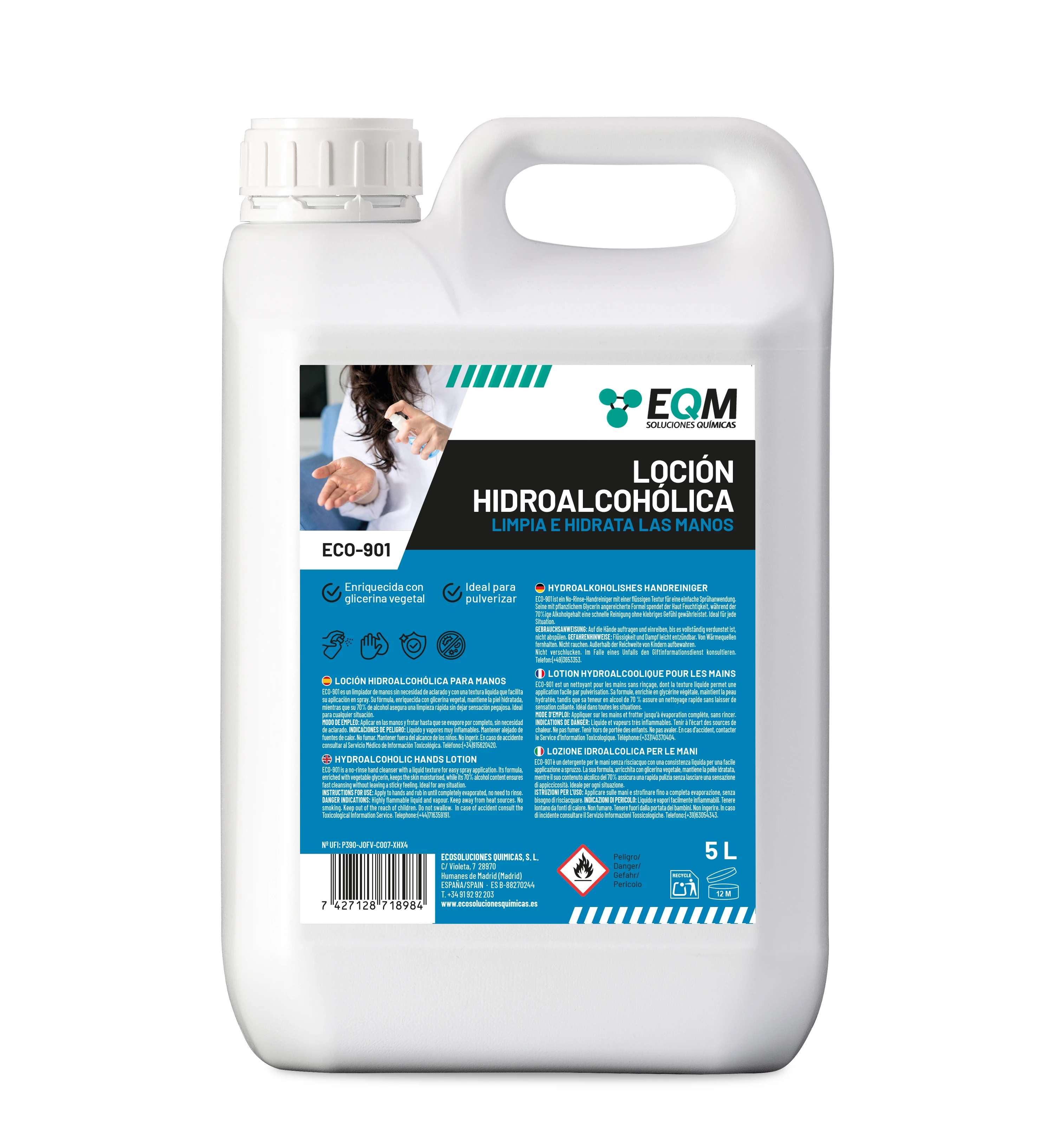 EQM - ECO-901 - Loción Hidroalcohólica de Manos - 5L - Limpieza e hidratación profunda con glicerina - Eficacia certificada