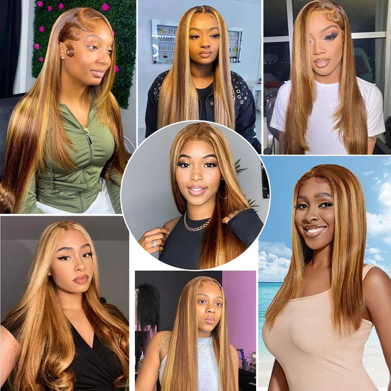 Highlight Straight 13x6 Lace Front Wigs Human Hair Pre Plucked Ombre 13x4 Lace Front Wigs 4/27 Honey Blonde 180 Density 30inch