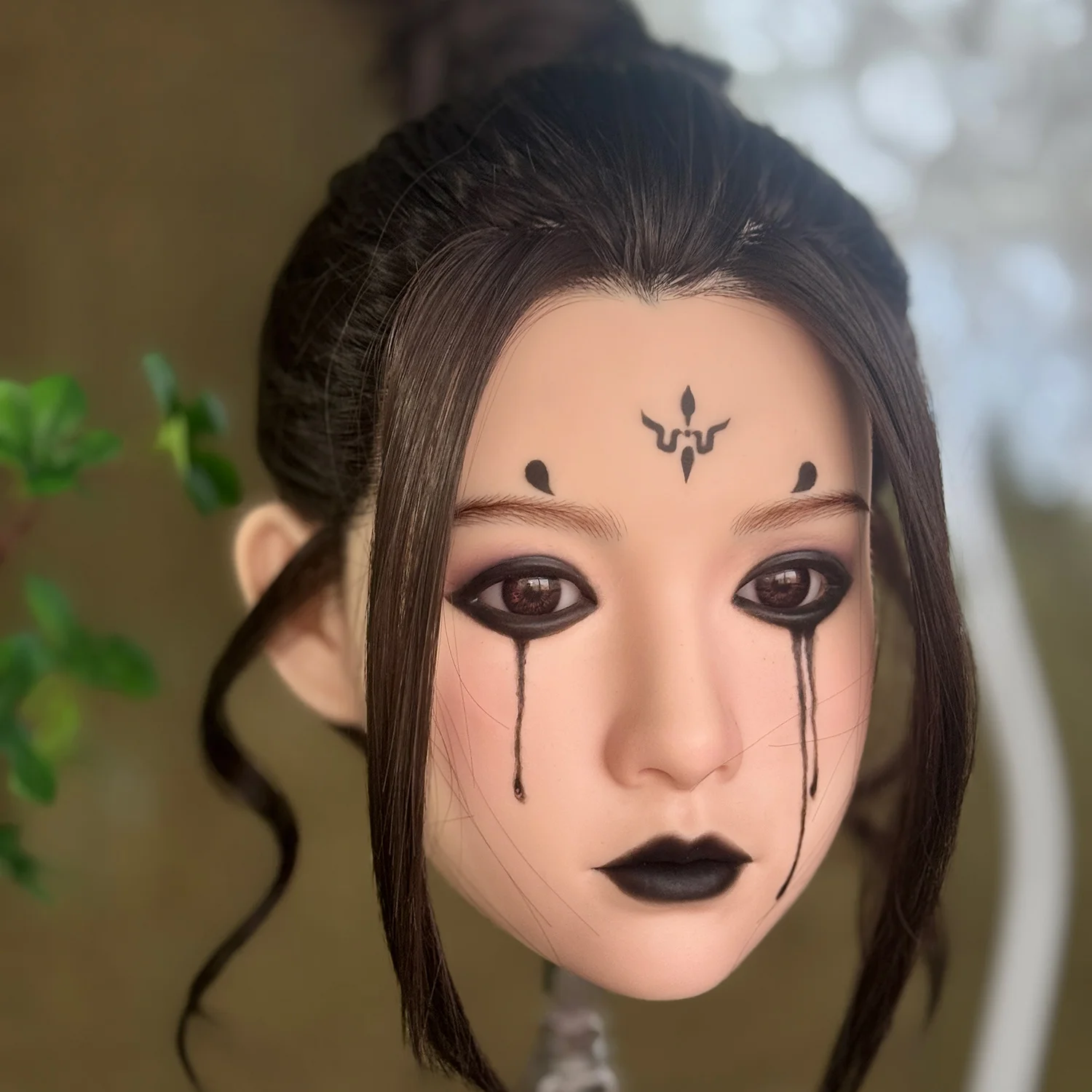 Silicone Model Head with Handmade Dark Ancient Face Painting, M16 Interface, Rooted Hair for Art Display & Makeup Practice