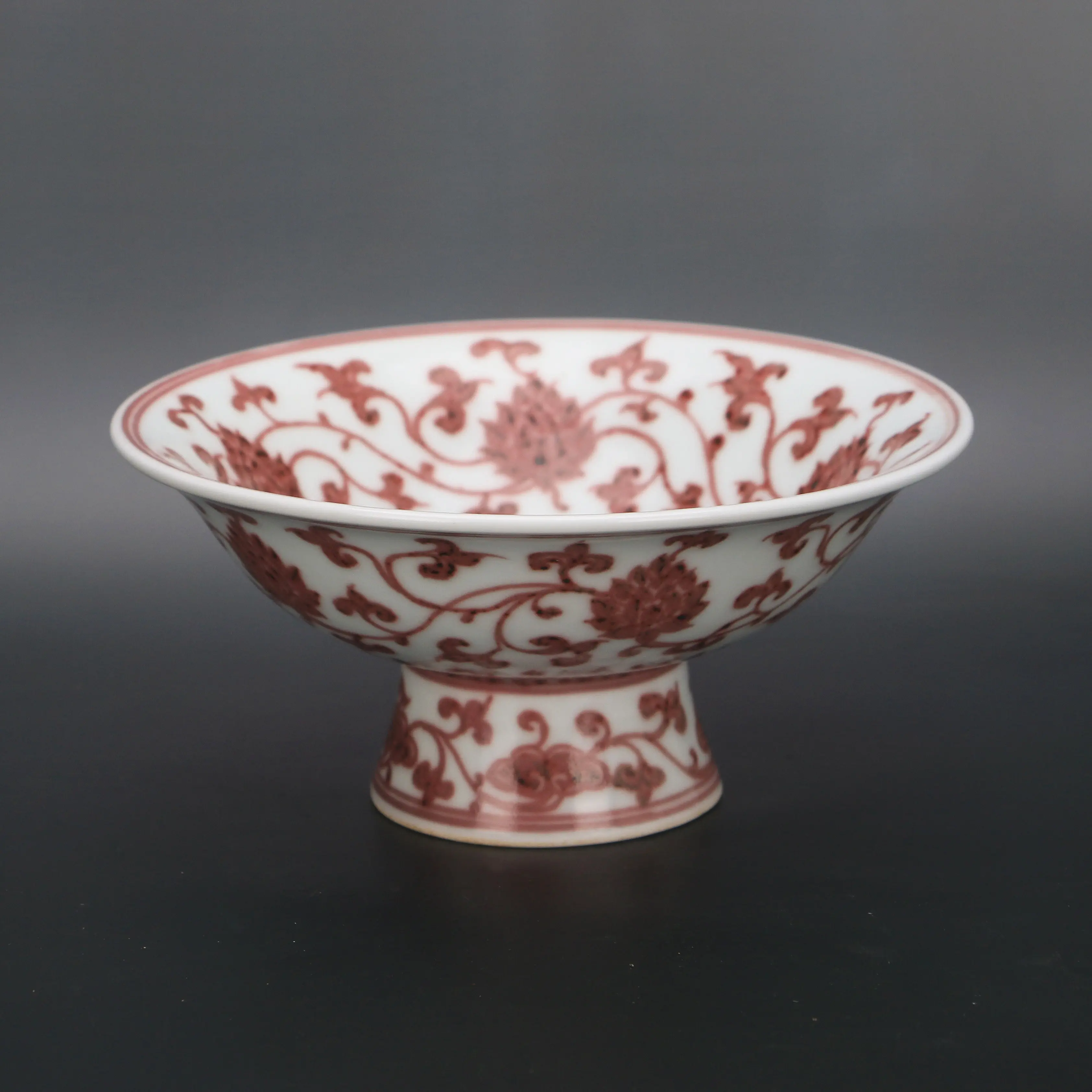 Ming Xuande Style Underglaze Red Porcelain Plate Lotus Scroll Pattern High Foot Vintage Home Decor