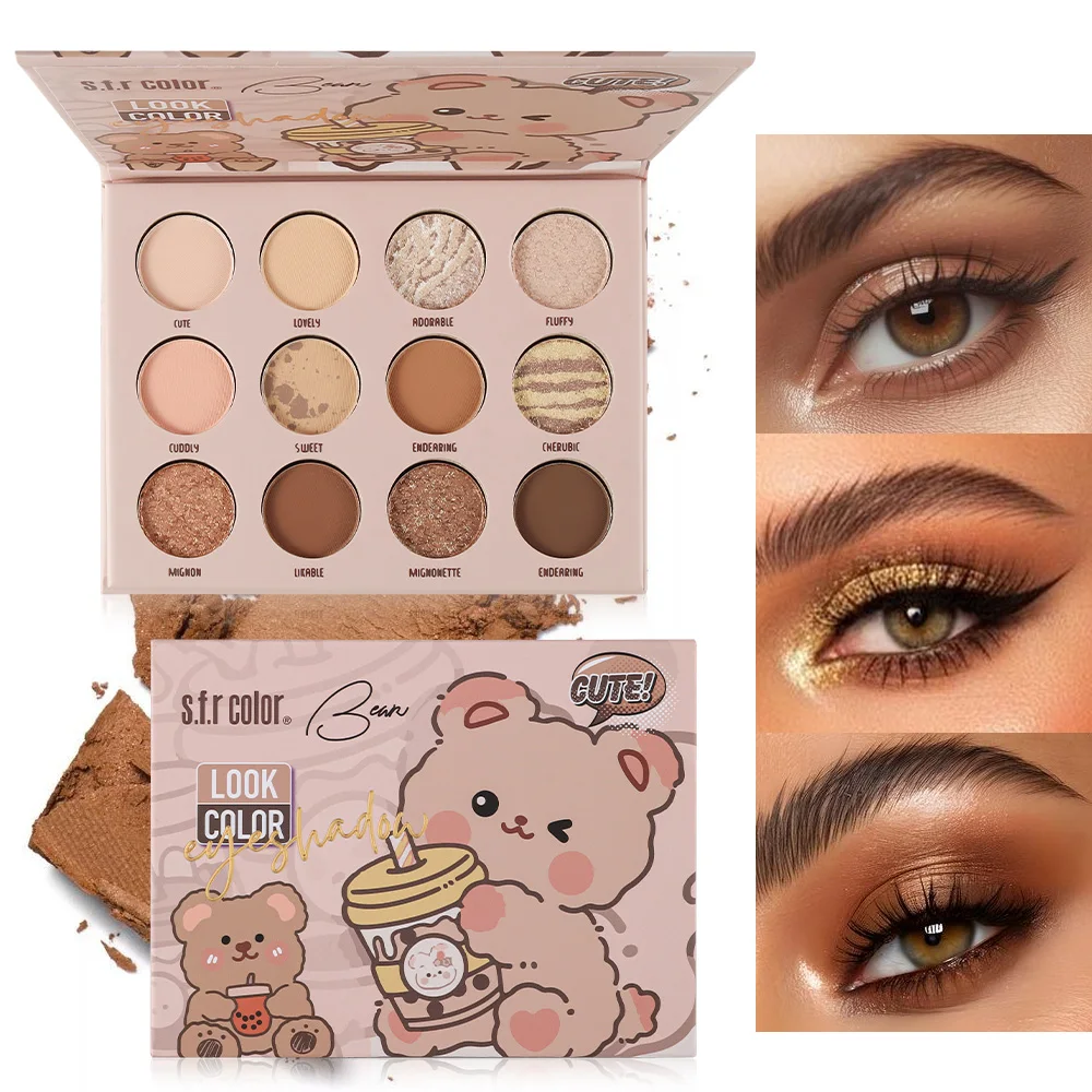 s.f.r color Cute Bear Bean Eyeshadow Palette, Matte & Shimmer High Pigmented Eye Shadow, Milk Tea Brown Warm Tone Makeup Palette for Daily Look