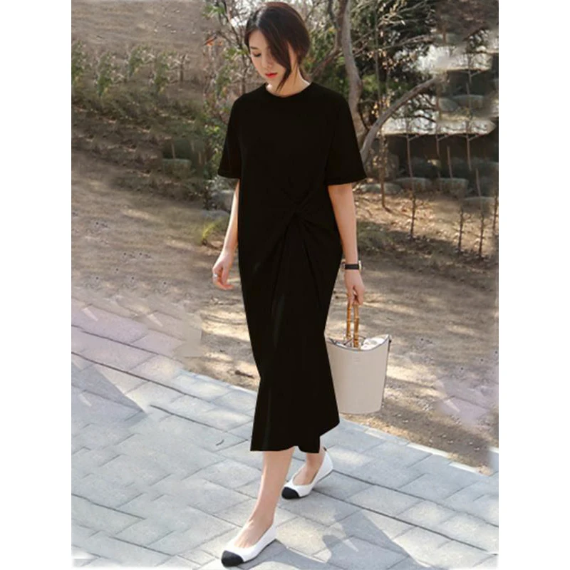 Jennifer New Leisure Pleated Dresses Solid Color Irregularity Loose Midi Dresses with Round-neck for Casual Vacation Occasion