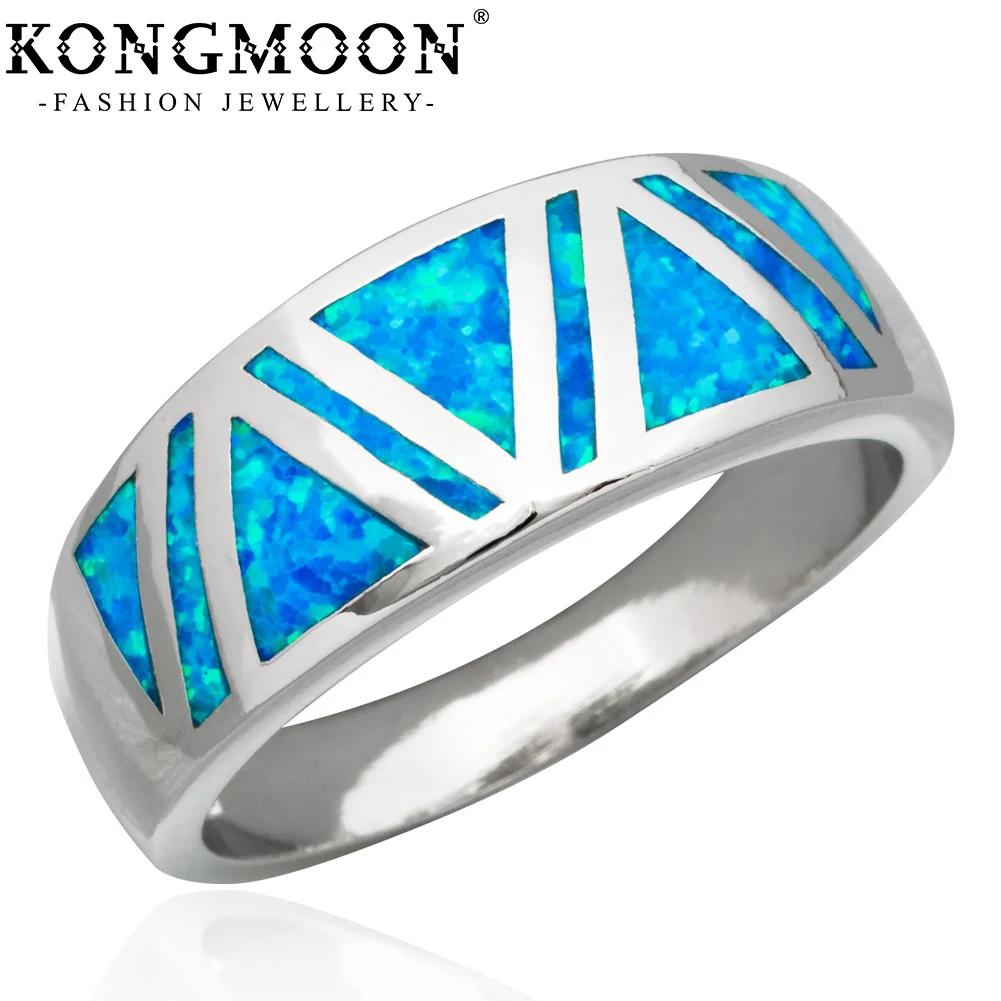 KONGMOON Ocean Blue Fire Opal Triangle Shaped Inlay Jewelry Women Band Ring US Size 6 7 8 9 10