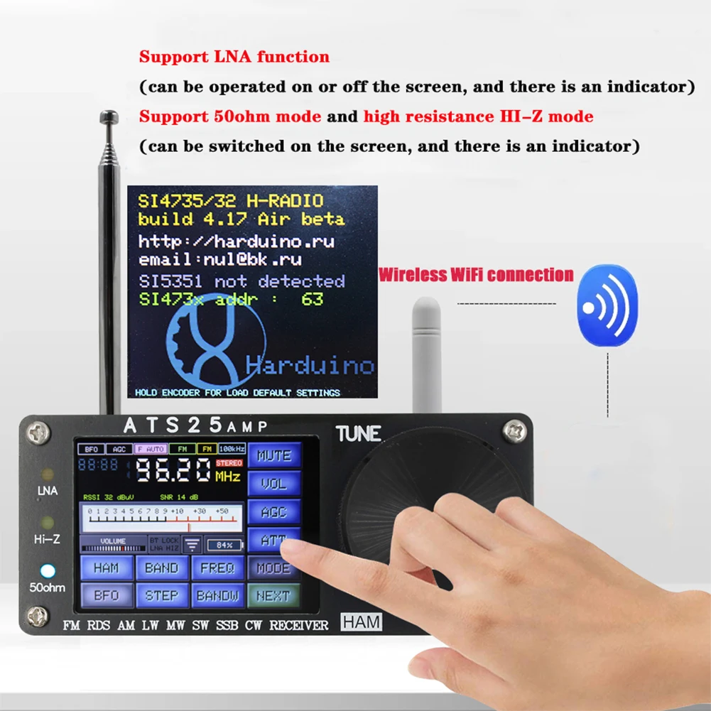 DSP Receiver Upgrade 4.17 Version LNA Function HI-Z Mode CW Decoding 132kHz-30000kHz with WiFi Antenna AM FM SYNC SSB Receiver