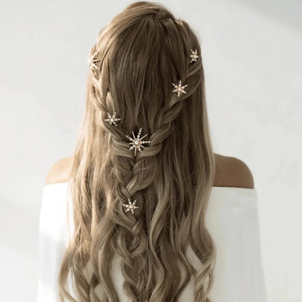 Fashion Crystal Bridal Star Hair Comb Tiara Accessories for Women News Wedding Party Rhinestones Pearl Hairpin Headband Jewelry