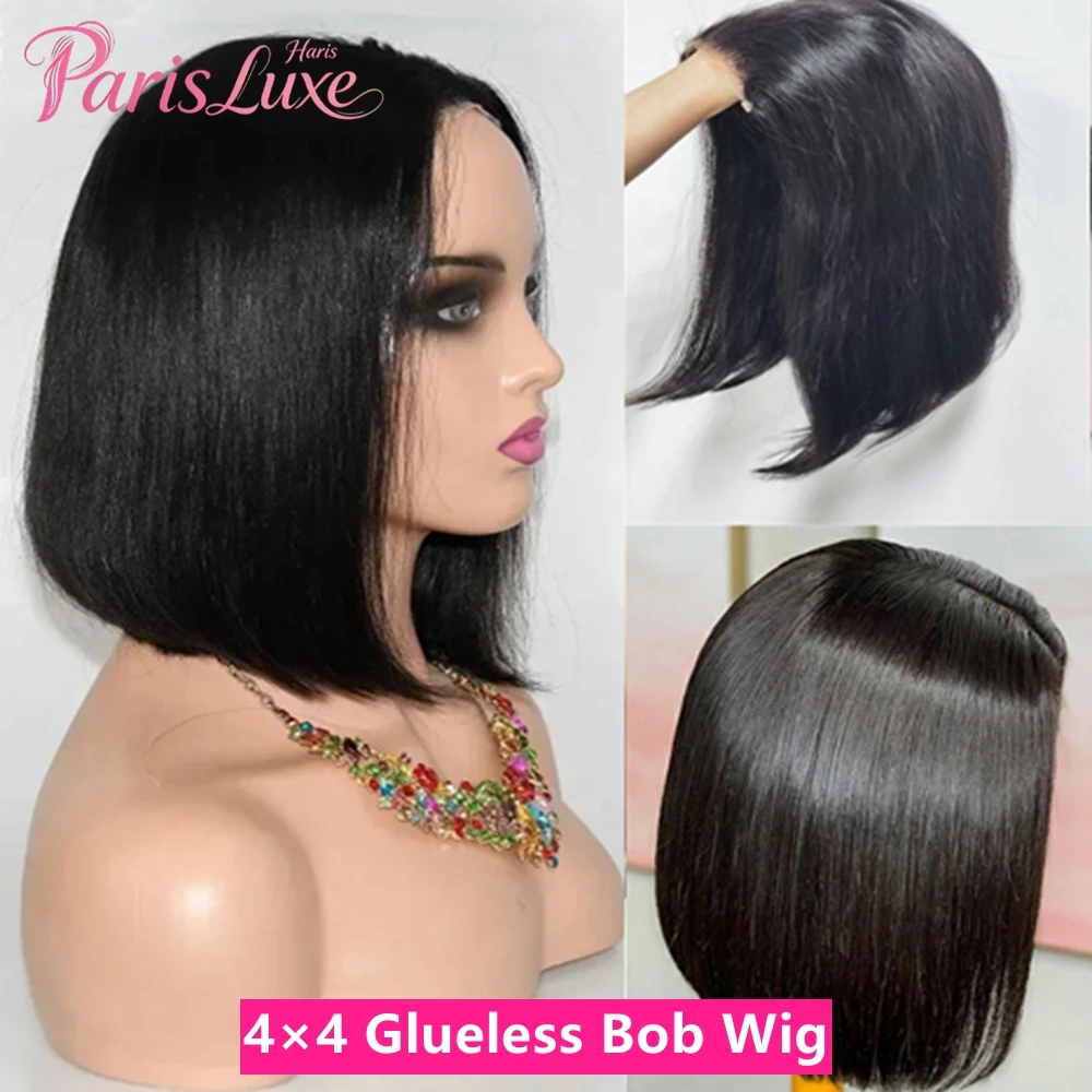Parrucche Bob Liscie Senza Colla per Donne, Parrucche in Capelli Umani, Parrucca Nera Naturale Liscia con Pizzo Trasparente 4X4, Densità 180%, Facile da Indossare, Parrucche in Capelli Umani
