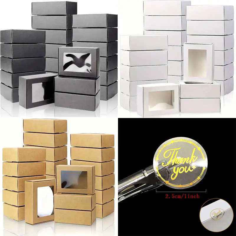 20pcs Mini Kraft Paper Box With Window, Candy Jewelry Soap Boxes Present Box, Present Packaging With Stickers For Party Wedding