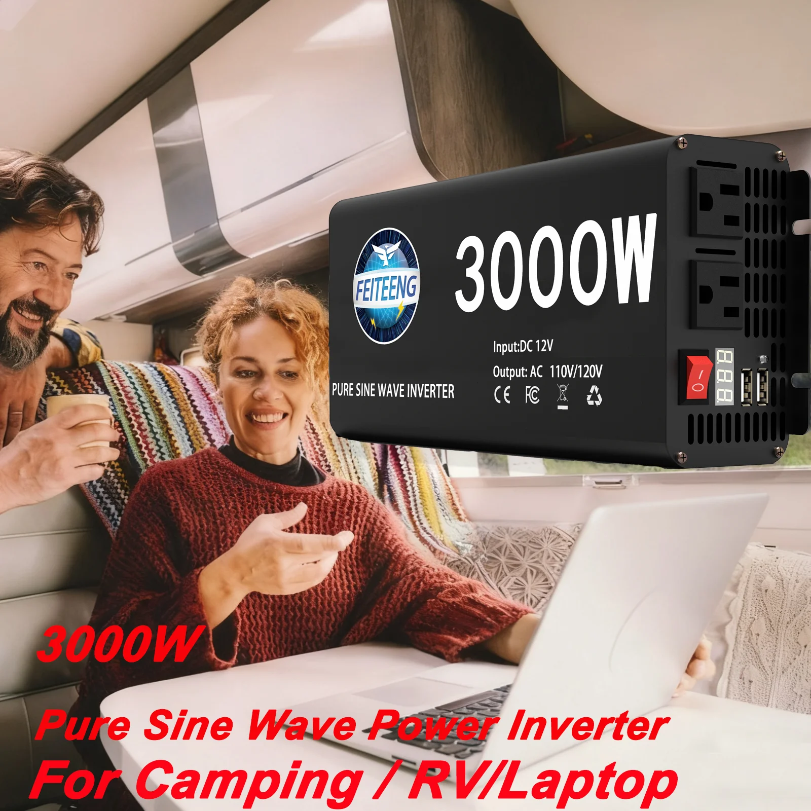 

1500W/2000W/3000W Pure Sine Wave Inverter 12V to 110V/120V, Dual AC Outlets, USB, Stable Power for RV, Camping and Home Backup