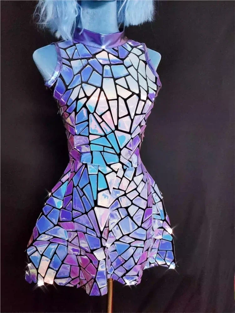 Silver Mirror Nightclub Dress Women Evening Birthday Outfit Sleeveless Shiny Laser PU Bar Dj Gogo Dancer Singer Stage Costumes — zdjęcie 2