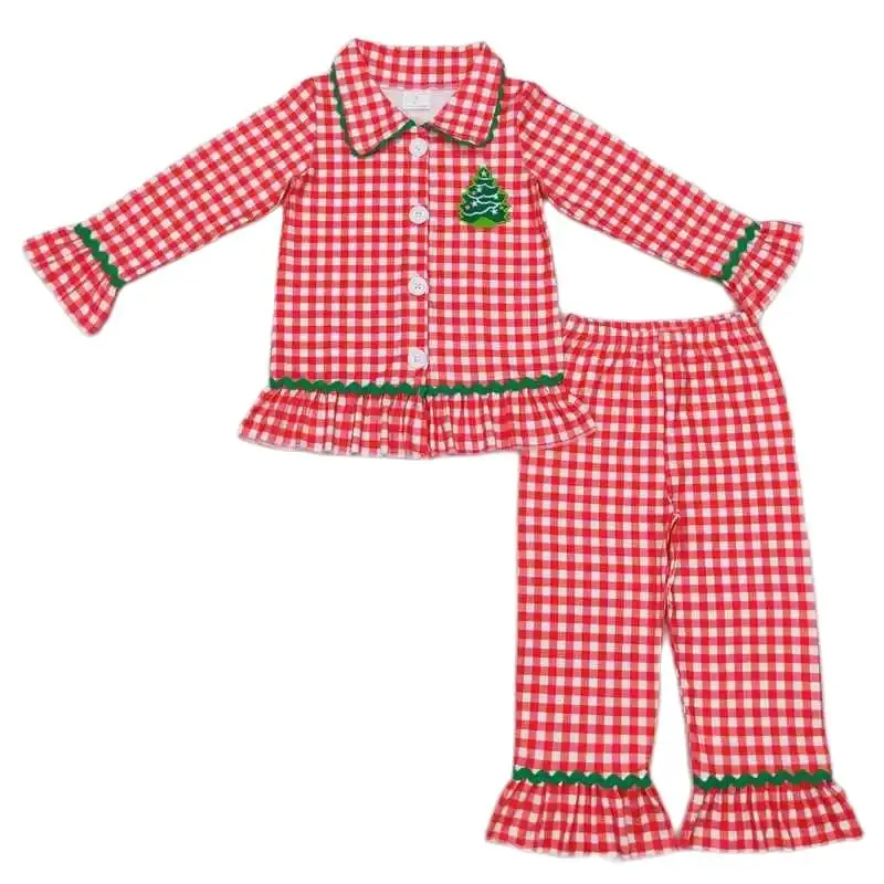 

GLP0854Kids Girls Autumn Outfit Sets Long Sleeves Top Embroidery Star Christmas Tree Red Print With Trousers Children Clothes