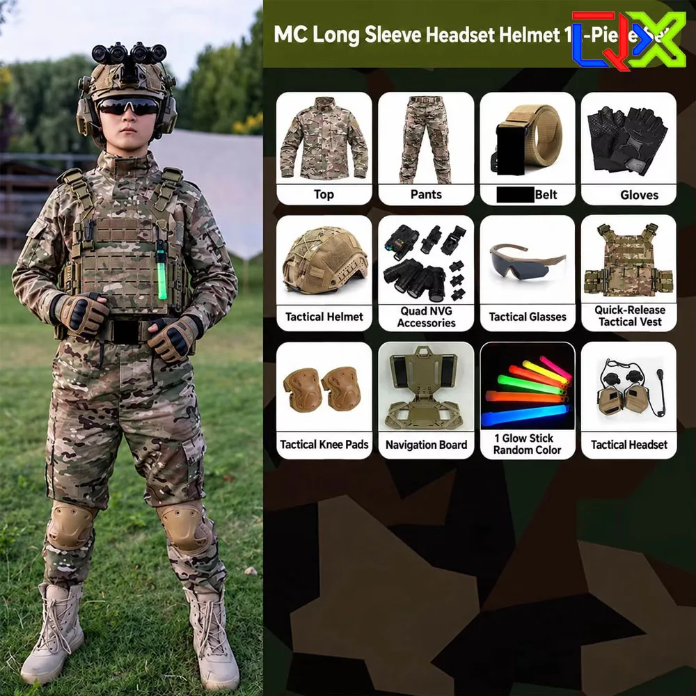 QX Premium Cotton Kids Tactical Camo Vest Set Quick Release Outfit Cosplay Costume Halloween Gift Outdoor Sports Apparel