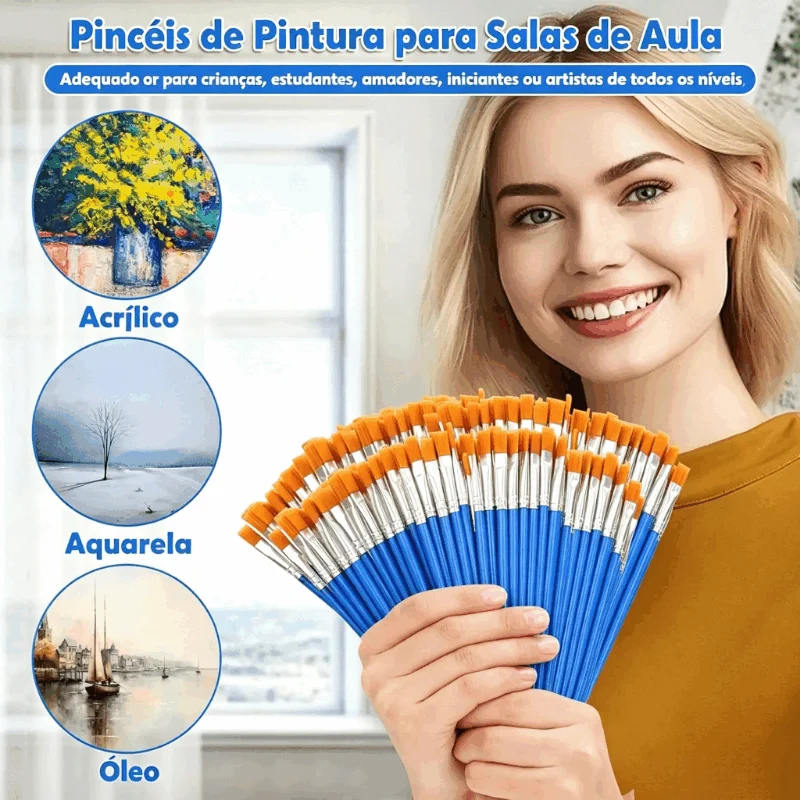 Kit 12/24 Pincéis Chatos Lineares de Nylon Atóxico para Tinta Acrílica, Guache, Aquarela, Artista, Escolar, Tela, Artesanato - Não Solta Pelos