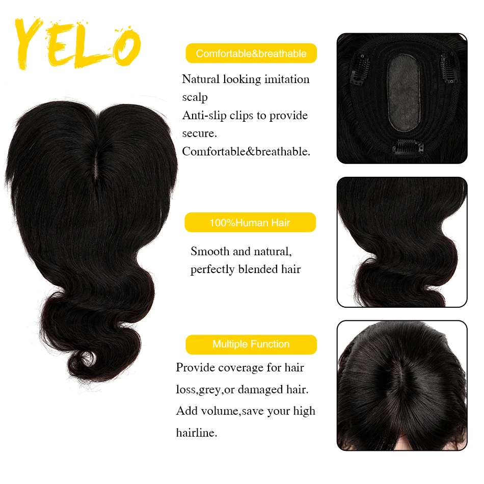 Yelo 12*13 Women Invisible Topper Hair Piece With Bangs Remy Body Wave Human Hair Extensions Middle Part Clip Ins For Thin Hair