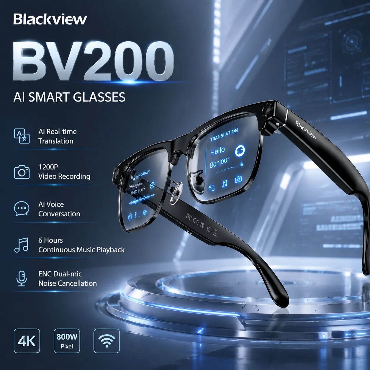 Lunettes Intelligentes 4K Blackview BV200 avec Caméra 8MP, Traduction IA, Appels Bluetooth ChatGPT, Lunettes de Soleil pour le Travail et l'Extérieur