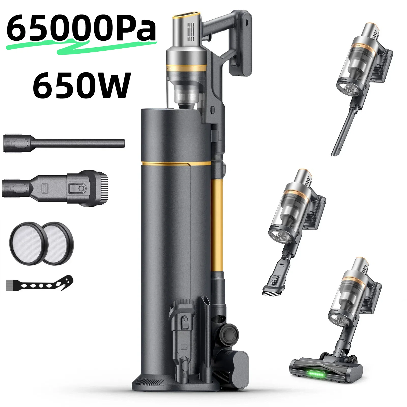 Aspirateur Balai sans Fil avec Station 650W/65000Pa/75min, Aspirateur sans Fil Puissant avec Rechargeable Support Mural, Brosse Anti-emmêlement pour Tapis, Sols Durs, Poils d'animaux