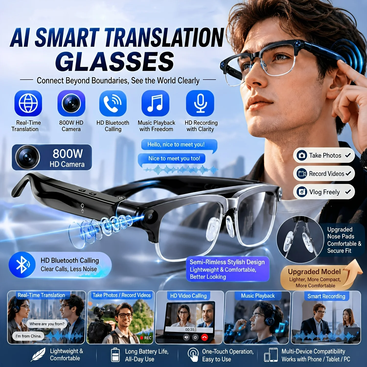AI Smart Glasses with 800W Camera for Real-Time Translation,AI Voice Assistant,Wireless Calling/Simultaneous Interpretation