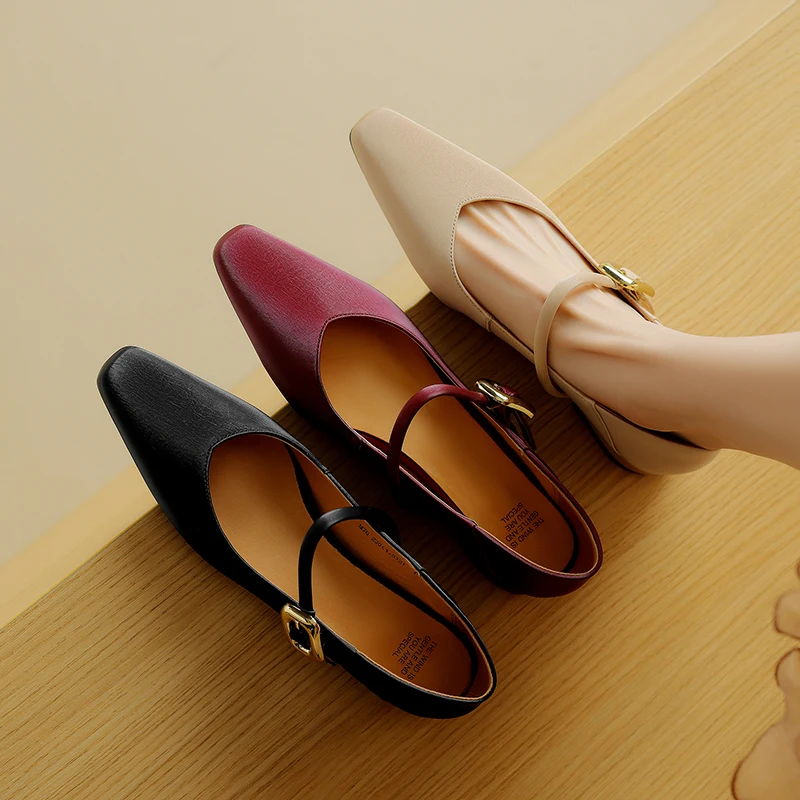 Women's Genuine Leather Pointed Toe Mary Jane Ballet Dressy Flats Shoes Low Heel Handmade Gold-Tone Buckle Pumps for Office Work