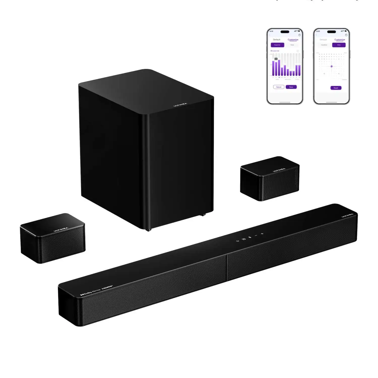 ULTIMEA Poseidon M100 7.1-kanaals soundbar met Dolby Atmos-geluid, draadloos surround-soundsysteem, draadloze 6,5-inch subwoofer en achterste surround-luidsprekers.
