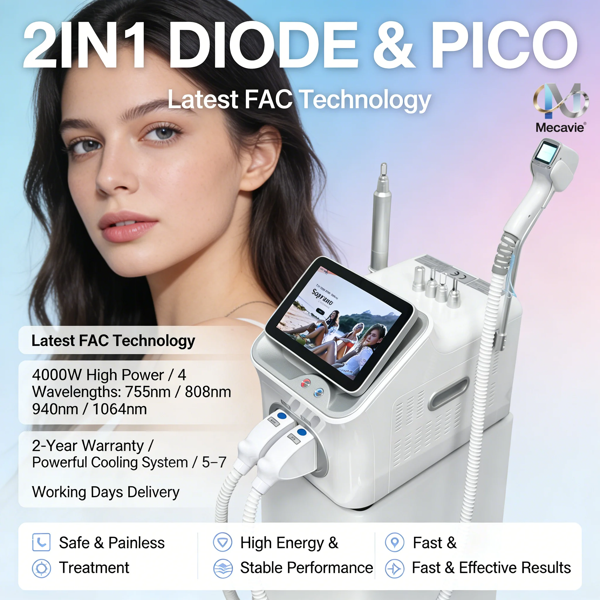 Dispositivo de Depilación Láser de Diodo Picosegundo 2 en 1 Soprano con Tecnología 5000WFAC, 4 Ondas, Eliminación de Tatuajes con Láser, Depilación Permanente