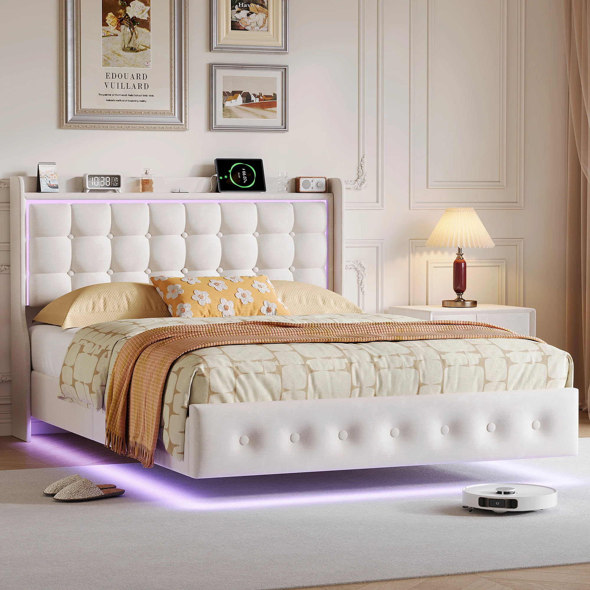 Modern zwevend bed 140/160 x 200 cm met USB Type-C poorten, LED verlichting en opberghoofdbord - Elegant flanellen design in wit
