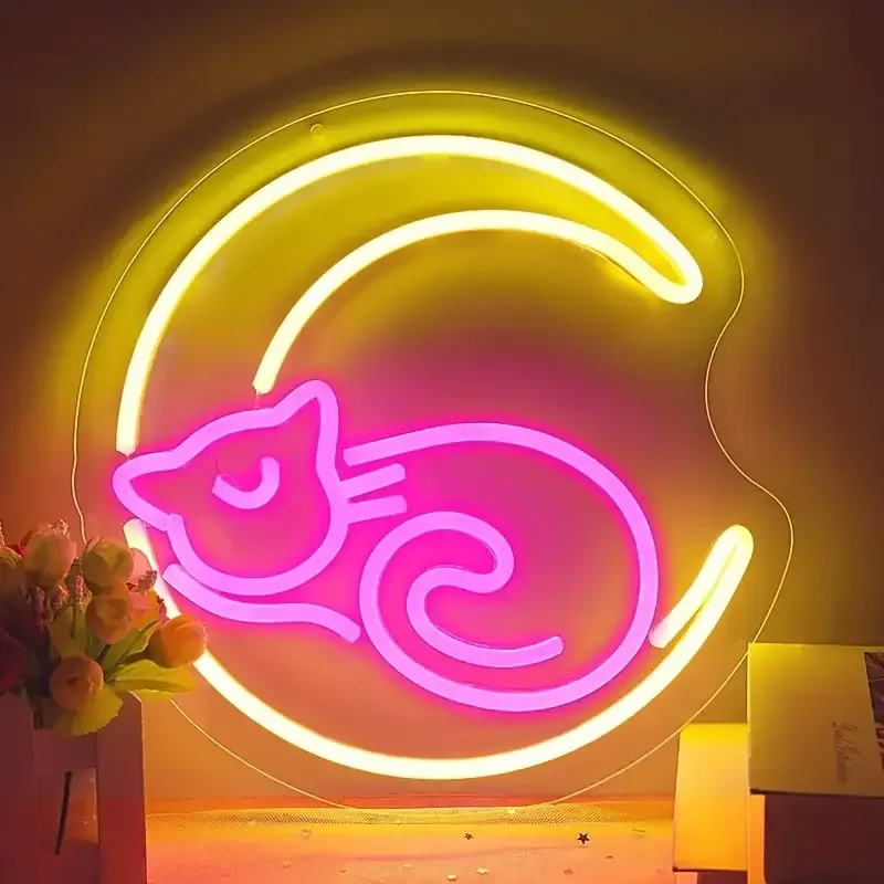 cat moon anime neon sign light luzes decorativas de parede de arte para o quarto da menina aniversario halloween presente de natal rosa 01