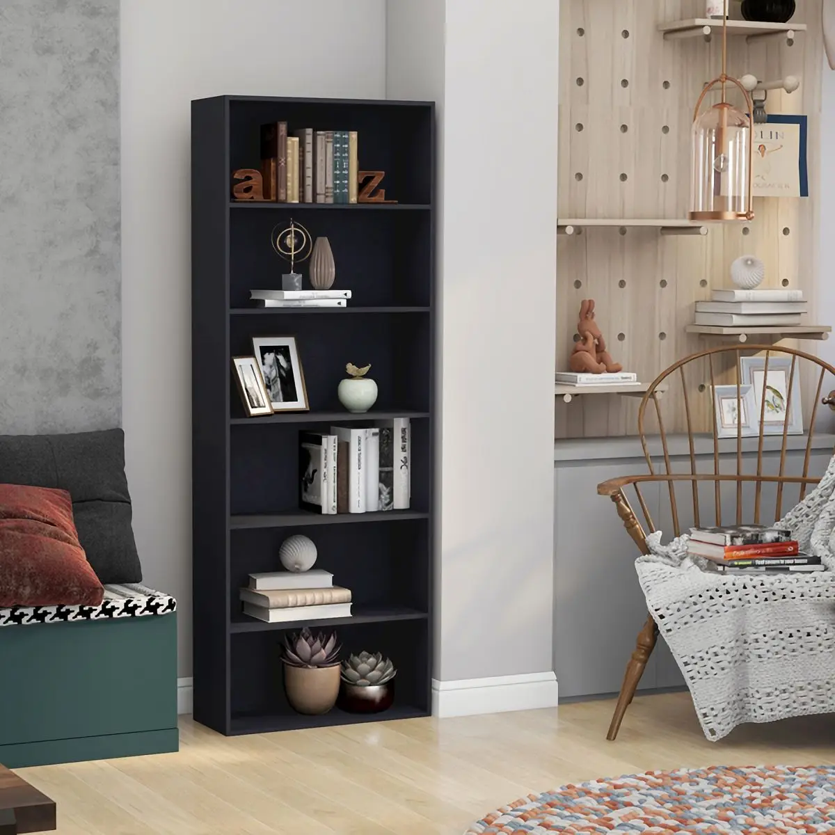 Wood Bookcase 6 Tiers Storage Bookshelf Book Collection Cabinet&Display Shelves Tall Organizer Book Case for Living Room