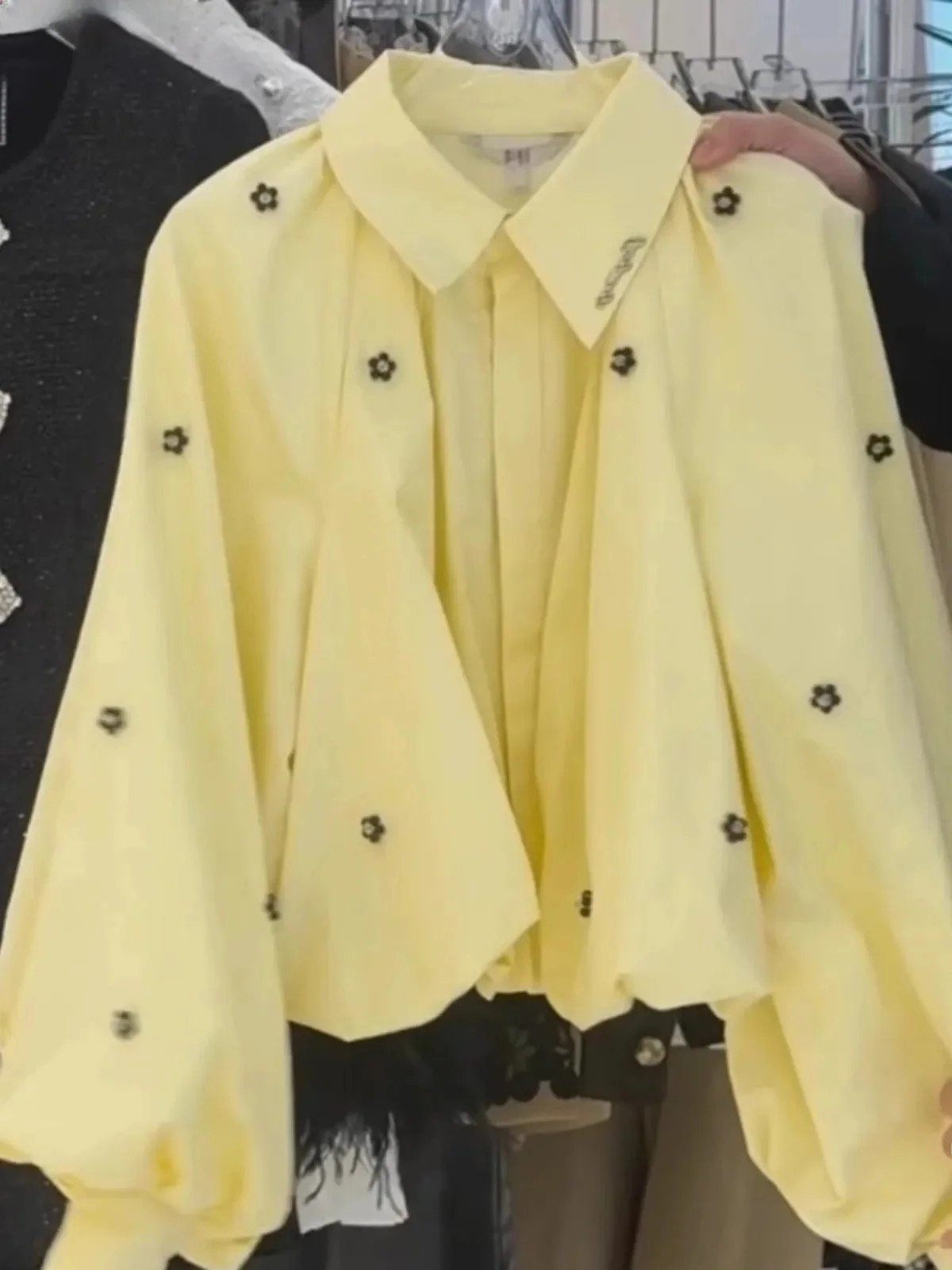 Chemise élégante pour femmes, Look plus jeune, col rabattu, manches longues bouffantes, chemisier court, printemps décontracté, bureau, dame