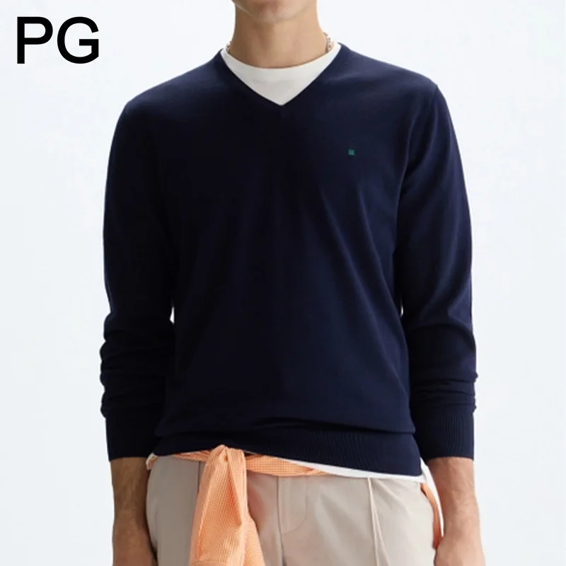 PG Letter Embroidered Solid Color V Neck Long Sleeve Knit Sweater Men Regular Fit