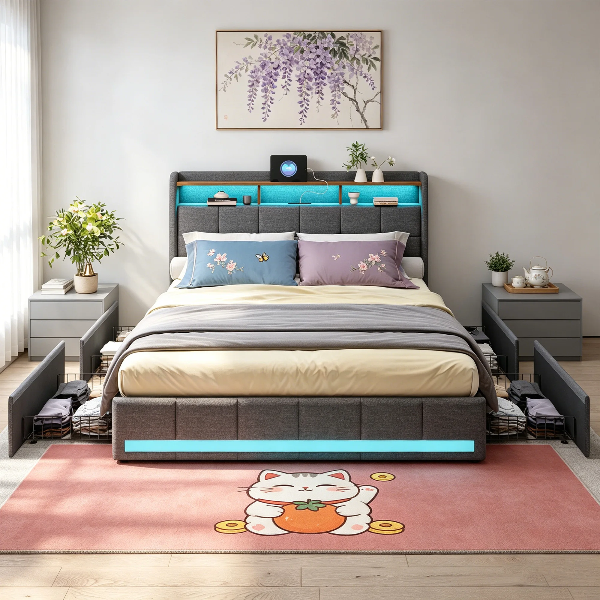 Anajqaqia Cama tapizada de 140x190 cm con 4 cajones, cama doble con base de listones, cama con almacenamiento, cama LED, estructura de cama, lino, gris